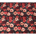 Black Pure Silk Satin Fabric with Red & Peach Rose Print – 140 cm, Imported from Spain-D22274