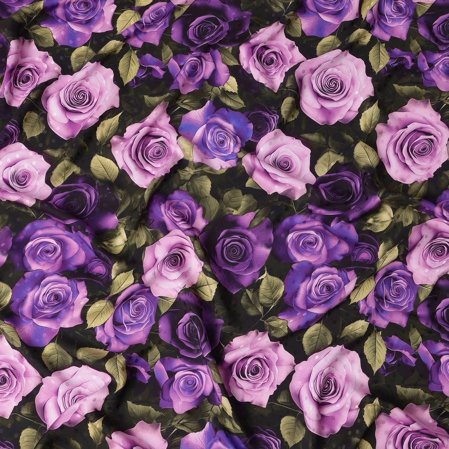 قماش ساتان إيطالي فاخر أسود اللون بطبعة ورد بنفسجي وأرجواني - 140 سم - D22275