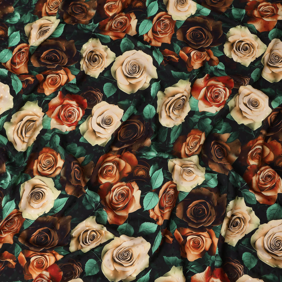 قماش ساتان إيطالي فاخر أسود اللون بطبعة وردة باللونين البيج والبني - 140 سم - D22276