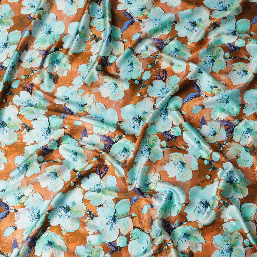 قماش ساتان إيطالي فاخر بلون الصدأ مع طبعة زهور باللونين الأزرق والأبيض - 140 سم - D22282