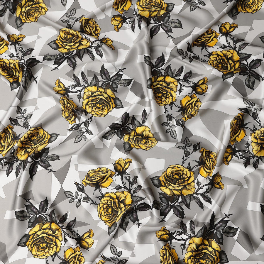 Grey Premium Pure Italian Satin Fabric with Yellow & Black Rose Print – 140 cm-D22283
