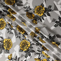 Grey Premium Pure Italian Satin Fabric with Yellow & Black Rose Print – 140 cm-D22283