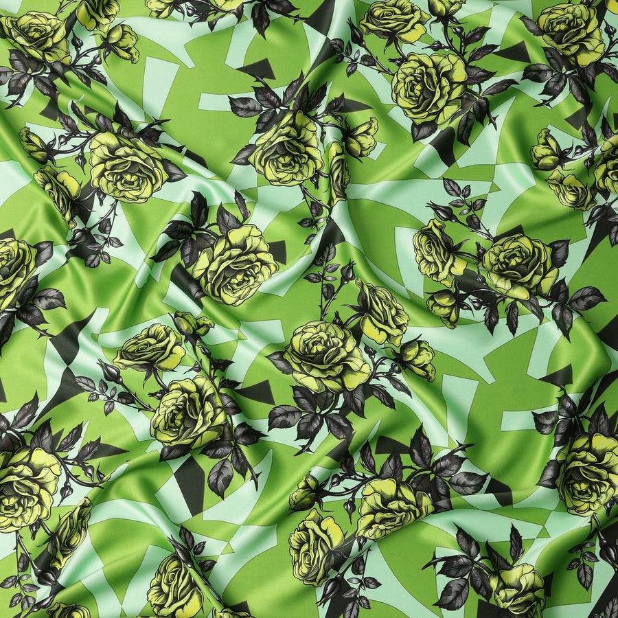 Green Premium Pure Italian Satin Fabric with Black & Lime Rose Print – 140 cm-D22285