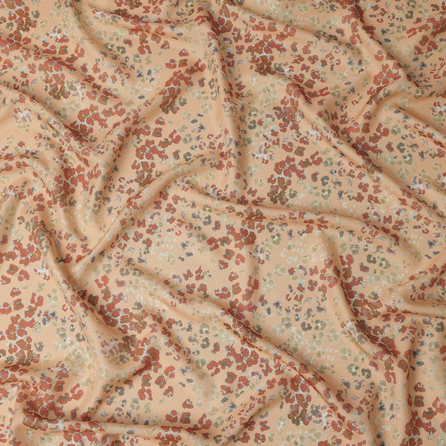 Peach Pure Silk Satin Fabric with Red & Beige Abstract Print – 140 cm, Imported from South Korea-D22287