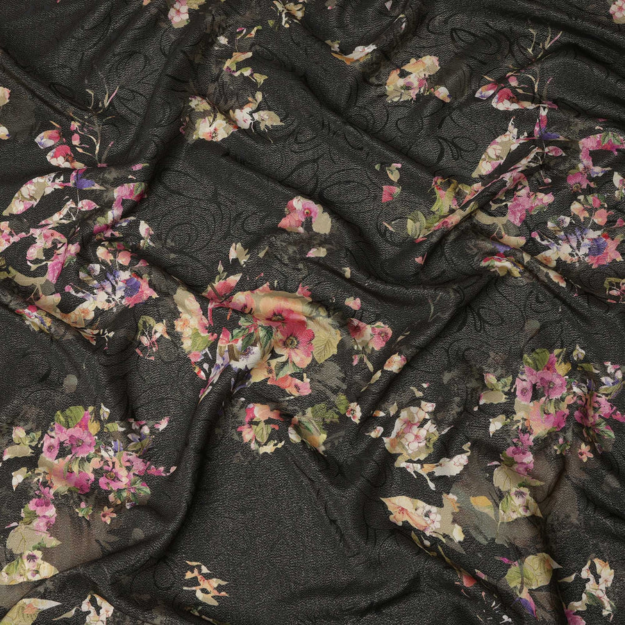 قماش ساتان حريري أسود خالص بطبعة زهور متعددة الألوان - 140 سم، مستورد من إسبانيا - D22289