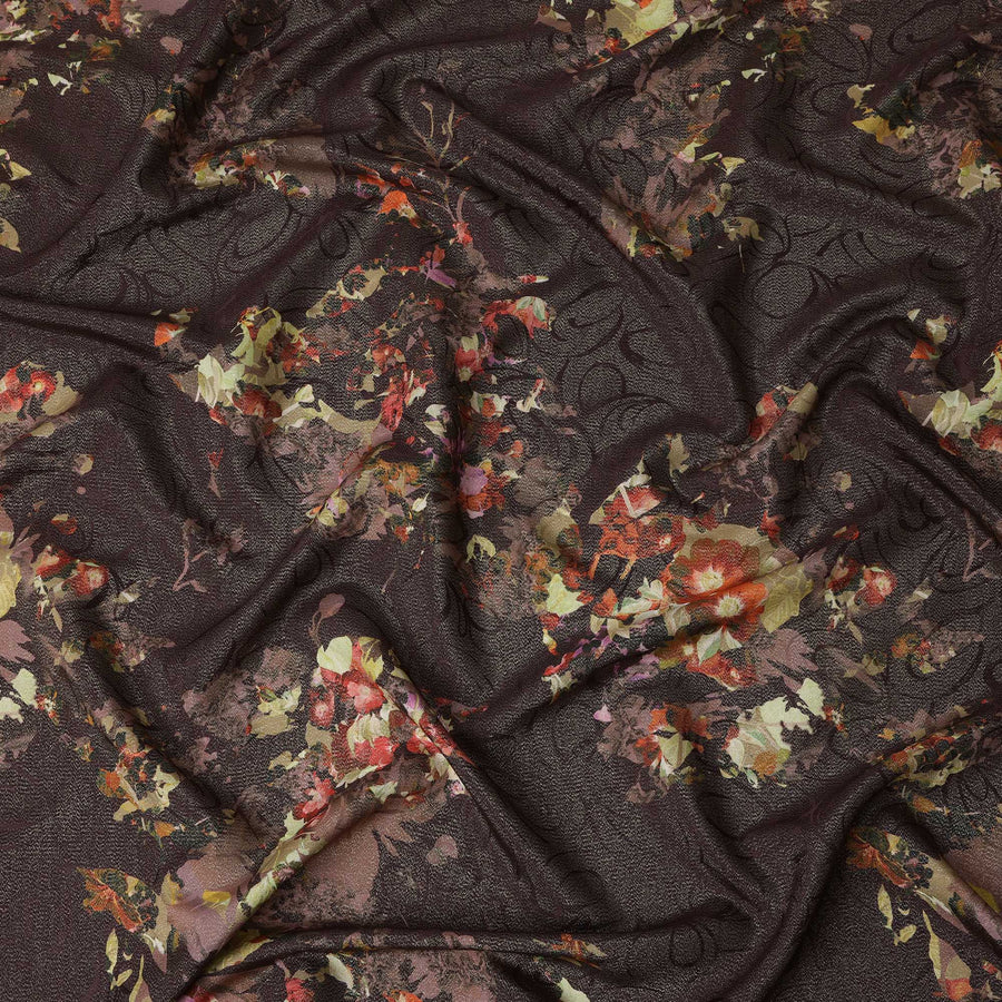 قماش ساتان حريري خالص بلون أرجواني غامق مع طبعة زهور متعددة الألوان - 140 سم، مستورد من إسبانيا - D22291