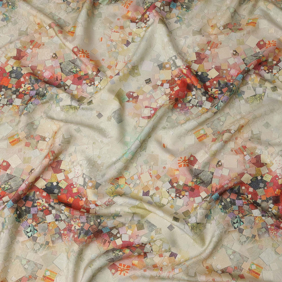 Ivory Pure Silk Satin Fabric with Multicolor Abstract Print – 140 cm, Imported from South Korea-D22292 Regal Fabrics