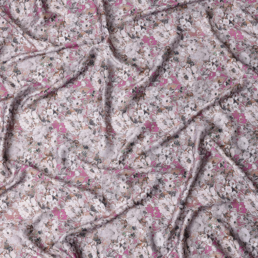 Pink Cotton Satin Fabric with White & Brown Floral Print – 110 cm, Imported from India-D22299