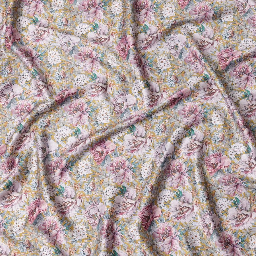 Light Grey Cotton Satin Fabric with Pink & White Floral Print – 110 cm, Imported from India-D22300