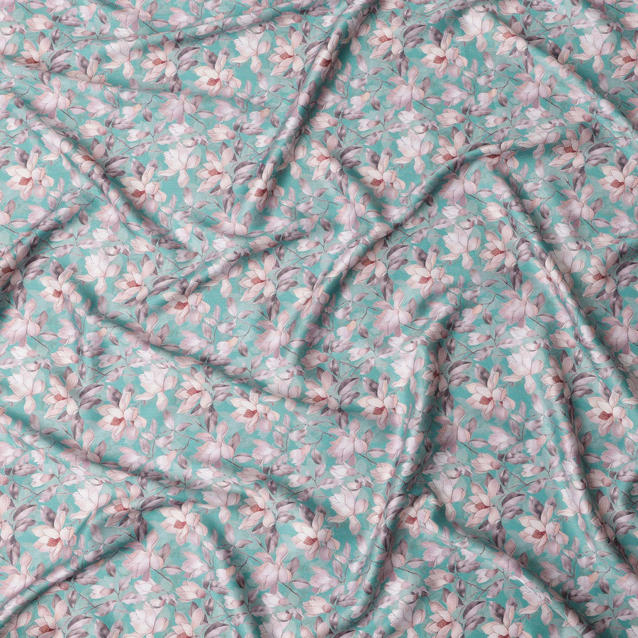 قماش ساتان قطني أزرق مائي بطبعة زهور بيضاء ووردية - 110 سم، مستورد من الهند - D22301