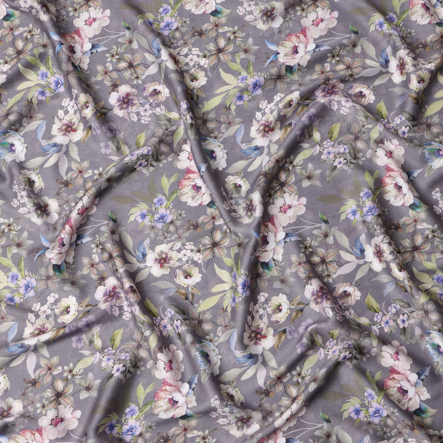 قماش ساتان قطني رمادي بطبعة زهور متعددة الألوان - 110 سم، مستورد من الهند - D22303