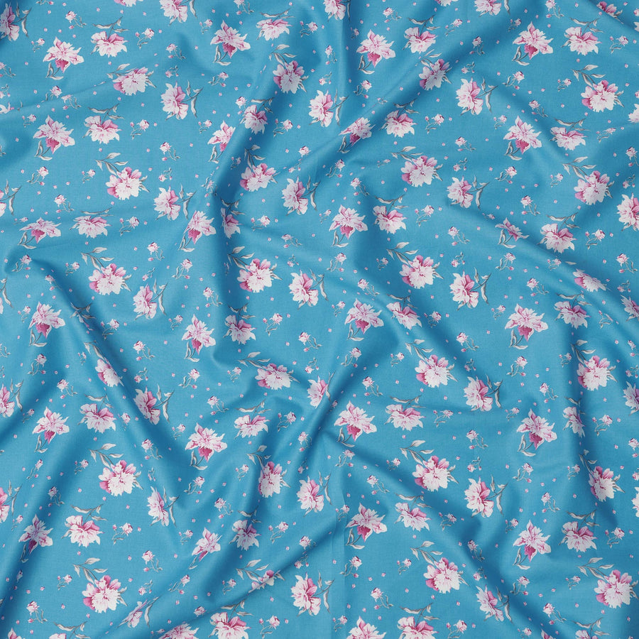 Sky Blue Floral Printed Cotton Lawn Fabric with Delicate Pink and White Blossoms, Soft Finish, 110 Cms Width, Made in India-D22533