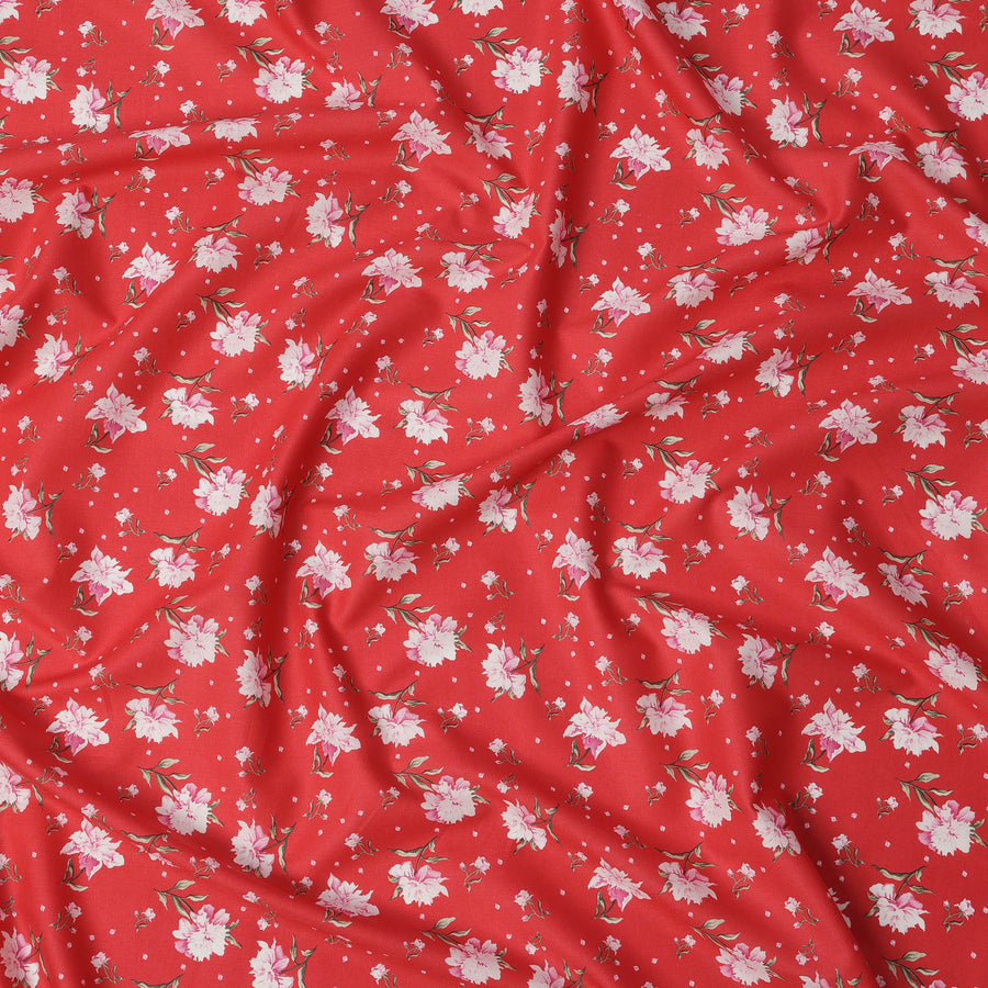 Red Floral Printed Cotton Lawn Fabric with Soft Pink Blossoms and Delicate Green Leaves, Smooth Finish, 110 Cms Width, Made in India-D22534