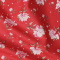 Red Floral Printed Cotton Lawn Fabric with Soft Pink Blossoms and Delicate Green Leaves, Smooth Finish, 110 Cms Width, Made in India-D22534
