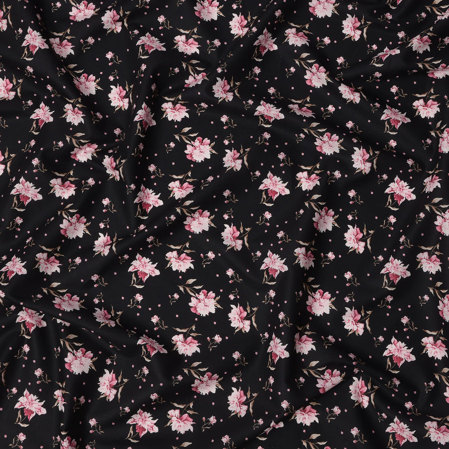 Black Floral Printed Cotton Lawn Fabric with Soft Pink and White Blossoms, Smooth Lightweight Texture, 110 Cms Width, Made in India-D22535