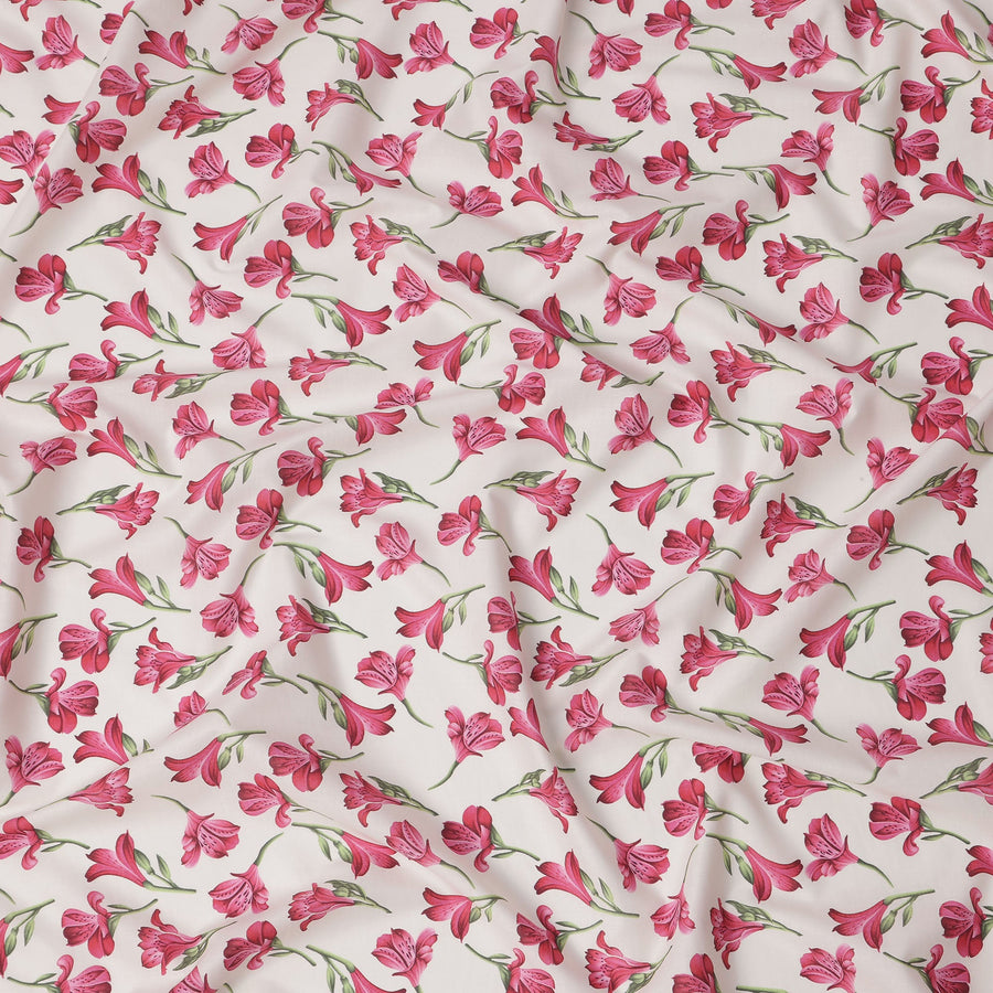 Ivory White Cotton Lawn Fabric with All-Over Pink Floral Print and Green Leaf Accents, Smooth Lightweight Texture, 110 Cms Width, Made in India-D22538