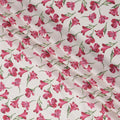 Ivory White Cotton Lawn Fabric with All-Over Pink Floral Print and Green Leaf Accents, Smooth Lightweight Texture, 110 Cms Width, Made in India-D22538