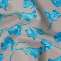Grey Cotton Lawn Fabric with All-Over Blue Floral Print and Teal Green Leaf Highlights, Smooth Lightweight Texture, 110 Cms Width, Made in India-D22540