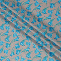 Grey Cotton Lawn Fabric with All-Over Blue Floral Print and Teal Green Leaf Highlights, Smooth Lightweight Texture, 110 Cms Width, Made in India-D22540