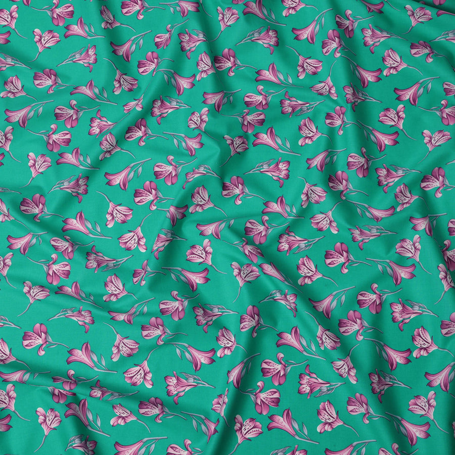 Teal Green Cotton Lawn Fabric with All-Over Pink Floral Print and Subtle Leaf Detailing, Soft Lightweight Finish, 110 Cms Width, Made in India-D22541