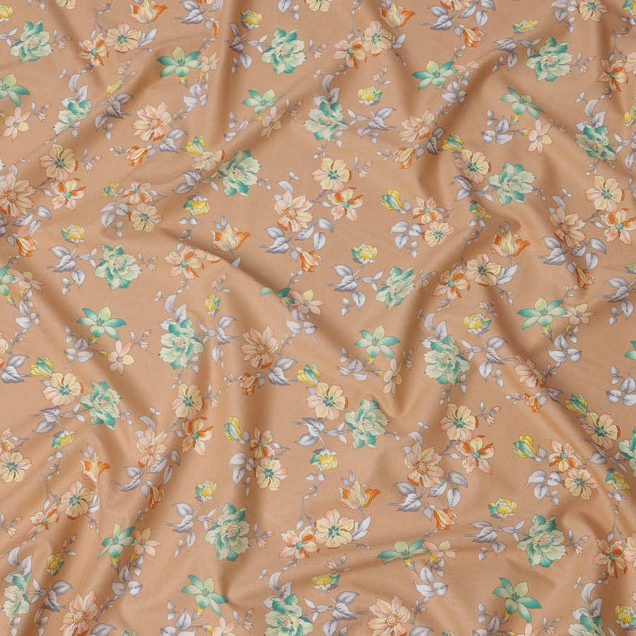 Copper Brown Cotton Lawn Fabric with All-Over Floral Print in Mint Green, Peach, Yellow and Grey Leaves, Soft Lightweight Finish, 110 Cms Width, Made in India-D22544