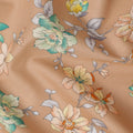 Copper Brown Cotton Lawn Fabric with All-Over Floral Print in Mint Green, Peach, Yellow and Grey Leaves, Soft Lightweight Finish, 110 Cms Width, Made in India-D22544