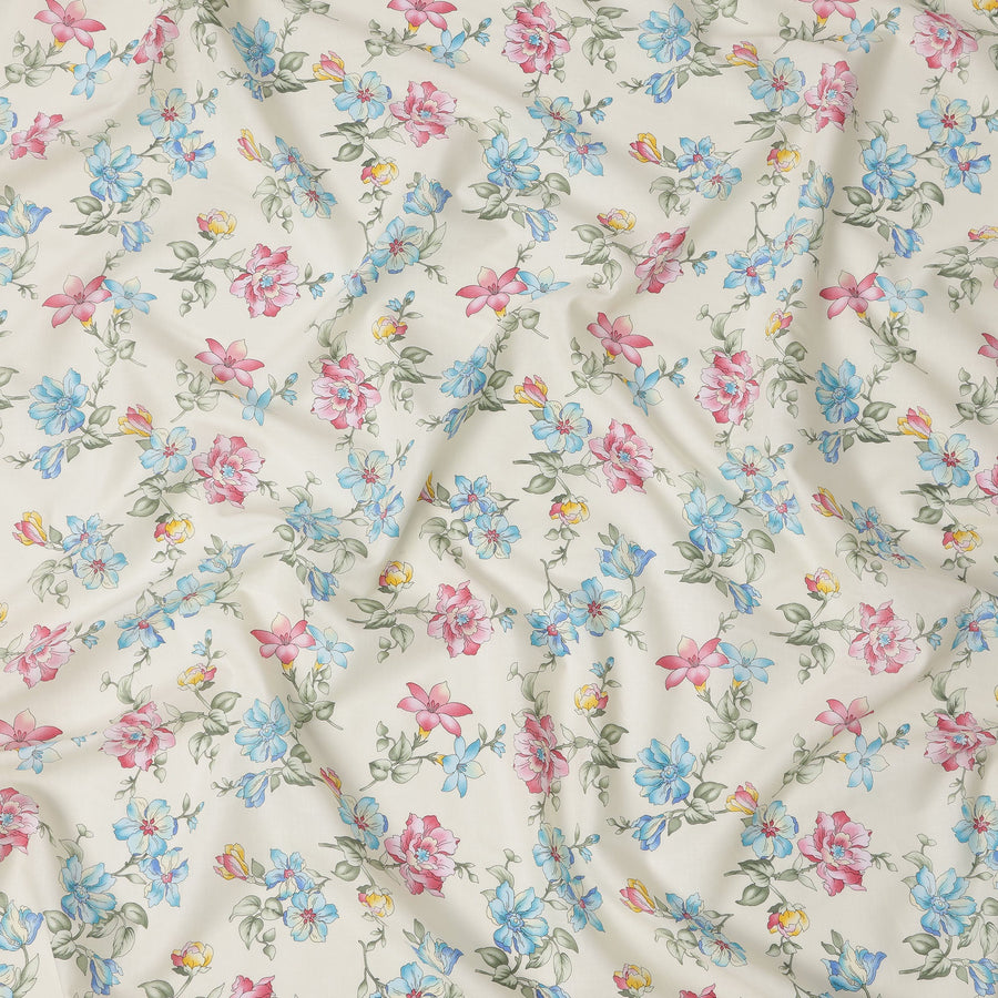 Cream Cotton Lawn Fabric with All-Over Multicolor Floral Print in Pink, Blue, and Yellow with Soft Green Leaves, Lightweight Smooth Finish, 110 Cms Width, Made in India-D22545