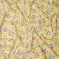 Light Yellow Cotton Lawn Fabric with All-Over Floral Print in Pink, White, and Peach with Green Leaf Accents, Soft Lightweight Texture, 110 Cms Width, Made in India-D22546