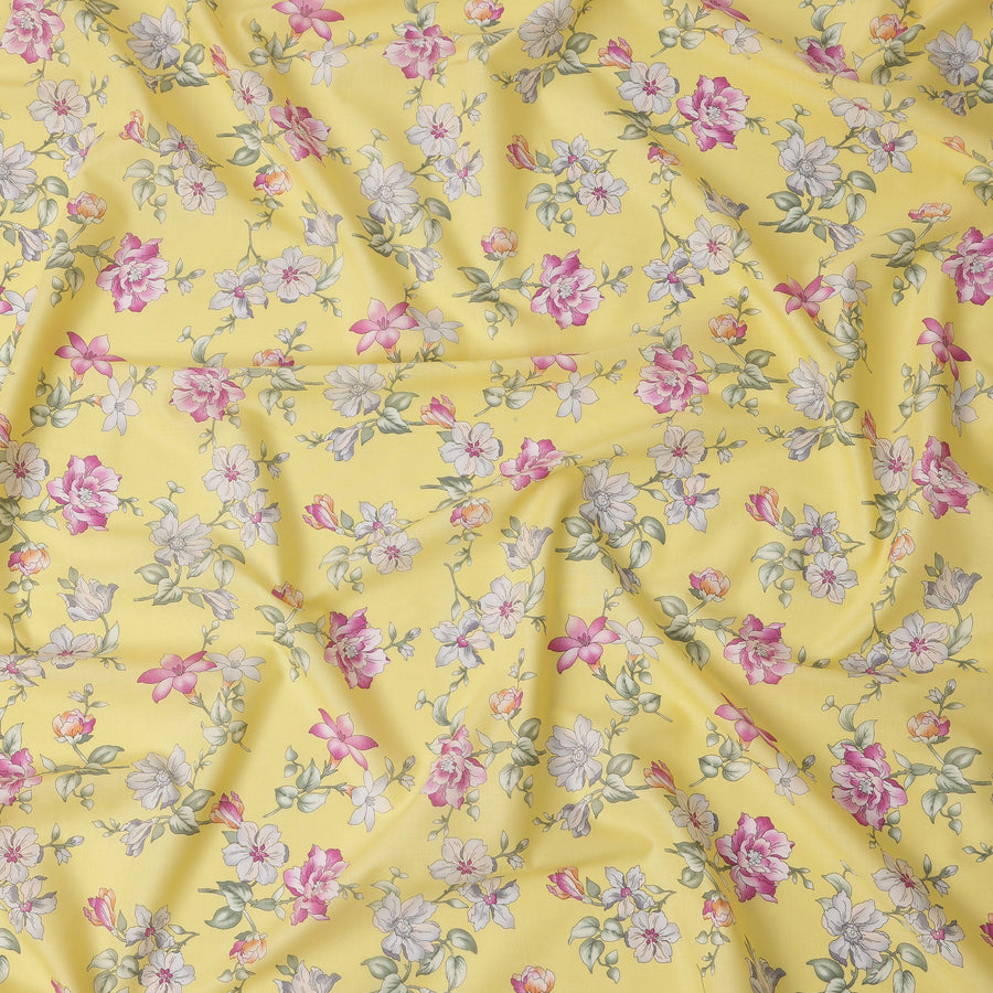 Light Yellow Cotton Lawn Fabric with All-Over Floral Print in Pink, White, and Peach with Green Leaf Accents, Soft Lightweight Texture, 110 Cms Width, Made in India-D22546