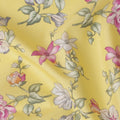 Light Yellow Cotton Lawn Fabric with All-Over Floral Print in Pink, White, and Peach with Green Leaf Accents, Soft Lightweight Texture, 110 Cms Width, Made in India-D22546