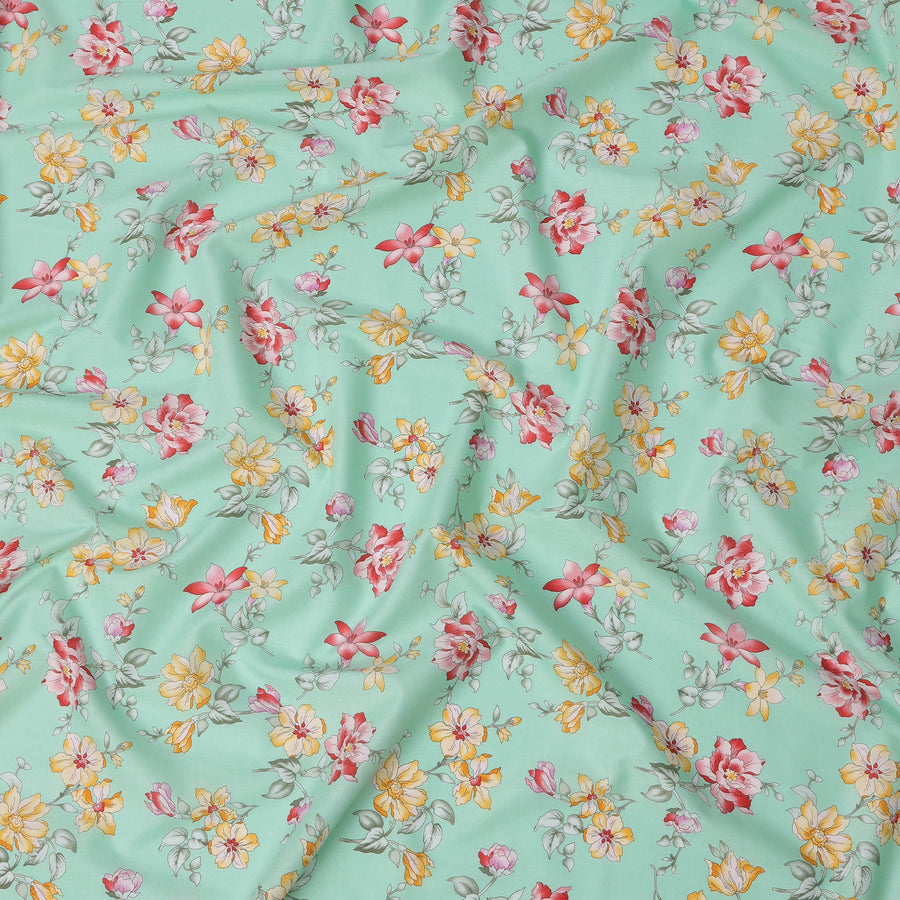 Mint Green Cotton Lawn Fabric with All-Over Floral Print in Yellow, Red, and Peach Tones with Soft Green Leaves, Smooth Lightweight Finish, 110 Cms Width, Made in India-D22547