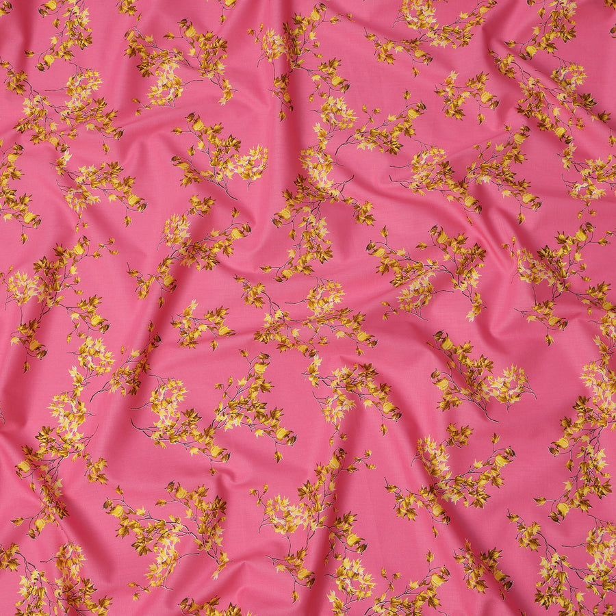 Pink Cotton Lawn Fabric with All-Over Yellow Leafy Branch Print and Subtle Brown Detailing, Smooth Lightweight Finish, 110 Cms Width, Made in India-D22548