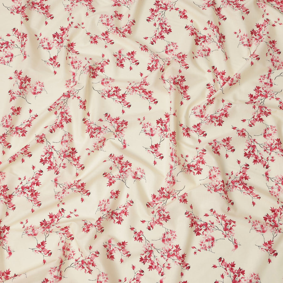 Cream Cotton Lawn Fabric with All-Over Red Leafy Branch Print and Subtle Black Detailing, Lightweight Smooth Finish, 110 Cms Width, Made in India-D22549