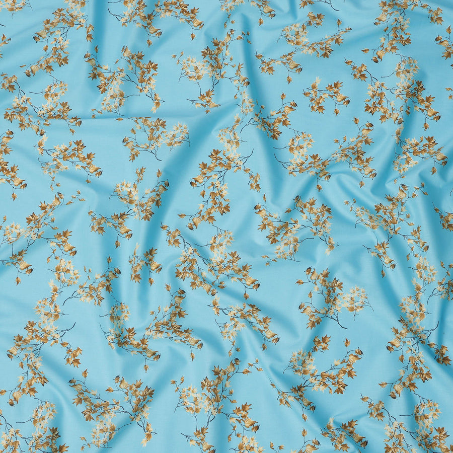 Sky Blue Cotton Lawn Fabric with All-Over Golden Brown Leafy Branch Print and Subtle Black Detailing, Soft Lightweight Finish, 110 Cms Width, Made in India-D22550