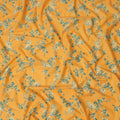 Mustard Yellow Cotton Lawn Fabric with All-Over Teal and Ivory Leafy Branch Print and Black Outlines, Soft Lightweight Finish, 110 Cms Width, Made in India-D22552