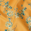 Mustard Yellow Cotton Lawn Fabric with All-Over Teal and Ivory Leafy Branch Print and Black Outlines, Soft Lightweight Finish, 110 Cms Width, Made in India-D22552