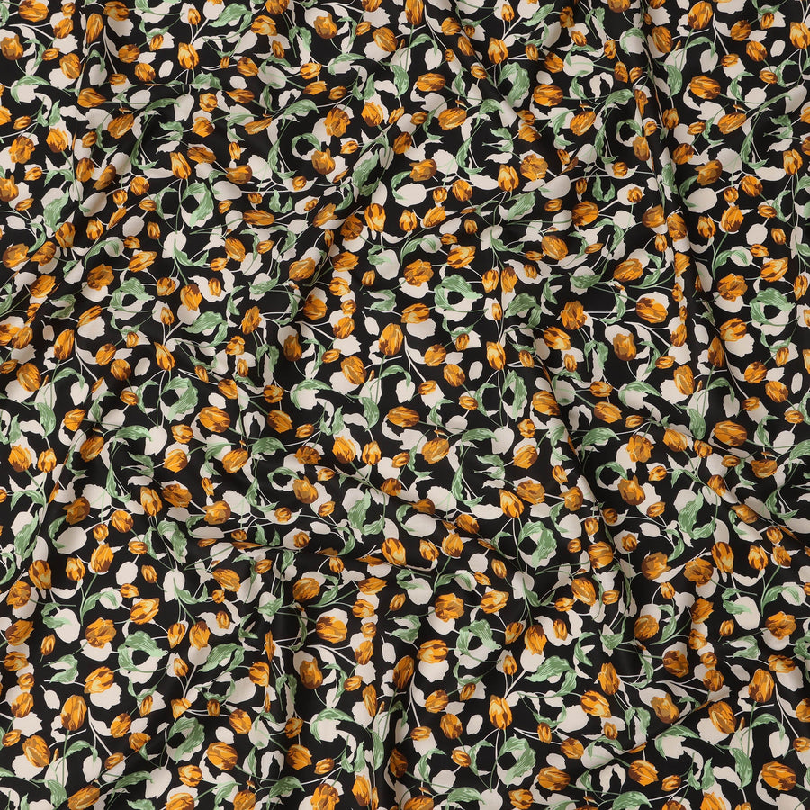 Black Cotton Lawn Fabric with All-Over Orange Floral Print and Green Leaf Detailing in Dense Pattern, Soft Lightweight Finish, 110 Cms Width, Made in India-D22553