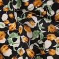 Black Cotton Lawn Fabric with All-Over Orange Floral Print and Green Leaf Detailing in Dense Pattern, Soft Lightweight Finish, 110 Cms Width, Made in India-D22553