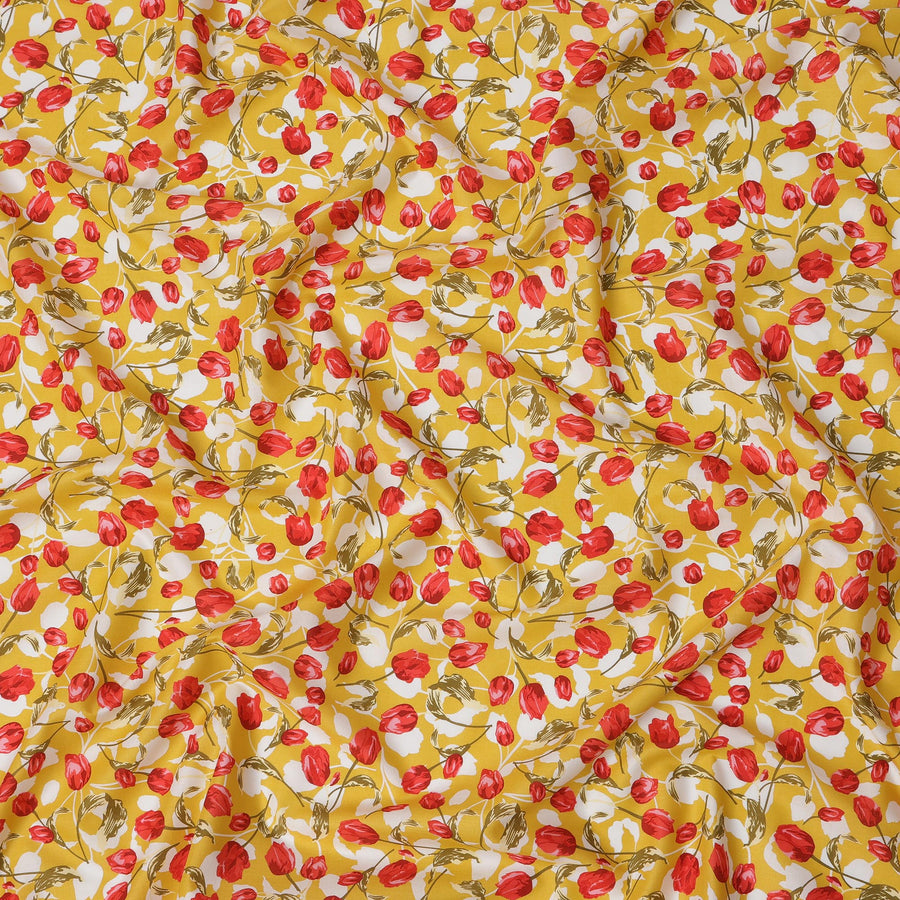 Yellow Cotton Lawn Fabric with All-Over Red Floral Print and Olive Green Leaf Detailing in Dense Pattern, Soft Lightweight Finish, 110 Cms Width, Made in India-D22554
