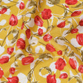 Yellow Cotton Lawn Fabric with All-Over Red Floral Print and Olive Green Leaf Detailing in Dense Pattern, Soft Lightweight Finish, 110 Cms Width, Made in India-D22554