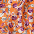 Orange Cotton Lawn Fabric with All-Over Purple Floral Print and Grey Leaf Detailing in Dense Pattern, Soft Lightweight Finish, 110 Cms Width, Made in India-D22555