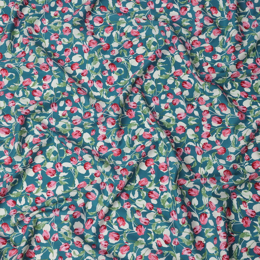 Teal Blue Cotton Lawn Fabric with All-Over Pink Floral Print and Green Leaf Motifs in Dense Pattern, Smooth Lightweight Finish, 110 Cms Width, Made in India-D22556