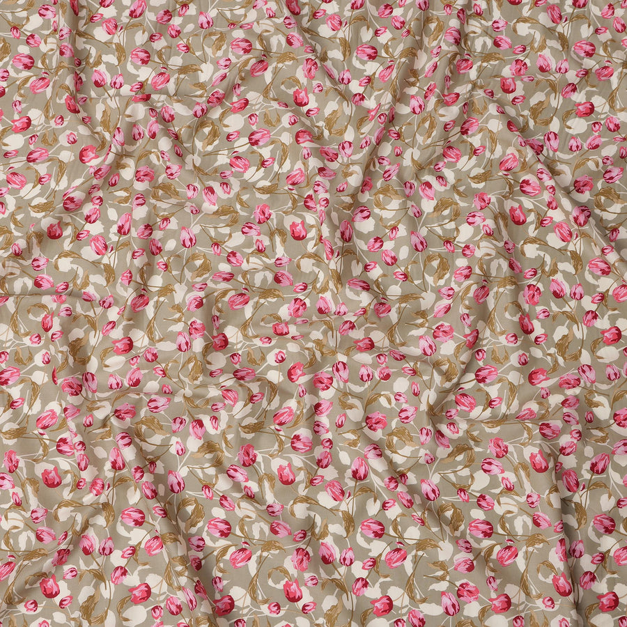 Light Brown Cotton Lawn Fabric with All-Over Pink Floral Print and Olive Green Leaf Motifs in Dense Pattern, Soft Lightweight Finish, 110 Cms Width, Made in India-D22557