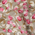 Light Brown Cotton Lawn Fabric with All-Over Pink Floral Print and Olive Green Leaf Motifs in Dense Pattern, Soft Lightweight Finish, 110 Cms Width, Made in India-D22557