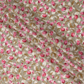 Light Brown Cotton Lawn Fabric with All-Over Pink Floral Print and Olive Green Leaf Motifs in Dense Pattern, Soft Lightweight Finish, 110 Cms Width, Made in India-D22557