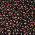 Black Cotton Lawn Fabric with All-Over Pink Rose Floral Print and Beige Leaf Motifs, Smooth Lightweight Finish, 110 Cms Width, Made in India-D22560