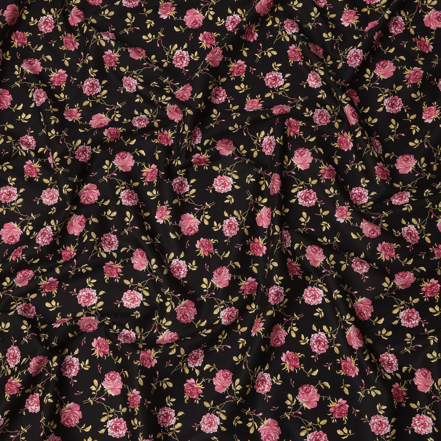 Black Cotton Lawn Fabric with All-Over Pink Rose Floral Print and Beige Leaf Motifs, Smooth Lightweight Finish, 110 Cms Width, Made in India-D22560