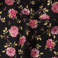 Black Cotton Lawn Fabric with All-Over Pink Rose Floral Print and Beige Leaf Motifs, Smooth Lightweight Finish, 110 Cms Width, Made in India-D22560