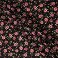 Black Cotton Lawn Fabric with All-Over Pink Rose Floral Print and Beige Leaf Motifs, Smooth Lightweight Finish, 110 Cms Width, Made in India-D22560