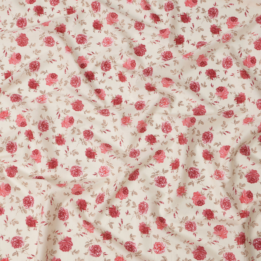 Ivory Cotton Lawn Fabric with All-Over Red Rose Floral Print and Beige Leaf Detailing, Soft Lightweight Finish, 110 Cms Width, Made in India-D22562